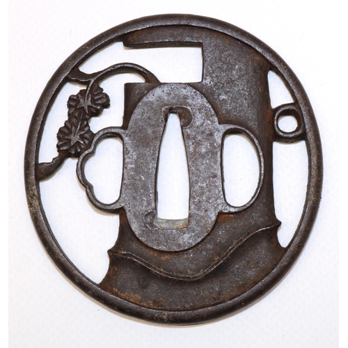 1223 - Japanese Sukashi Kiku Mumei iron tsuba, Edo period (C17th) to fit Wakizashi with bamboo grass and fl... 