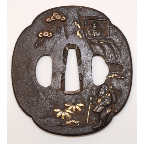 1202 - Japanese Nara iron Mumei tsuba to fit wakizashi, 18th century Edo period, with gilt and white metal ... 