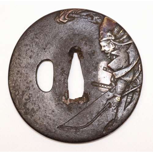 1207 - Japanese iron signed Motomura tsuba, 18th century Edo period to fit Katana, gilt and white metal inl... 