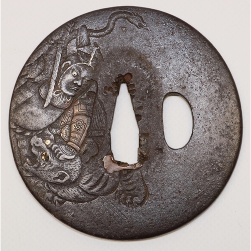 1207 - Japanese iron signed Motomura tsuba, 18th century Edo period to fit Katana, gilt and white metal inl... 