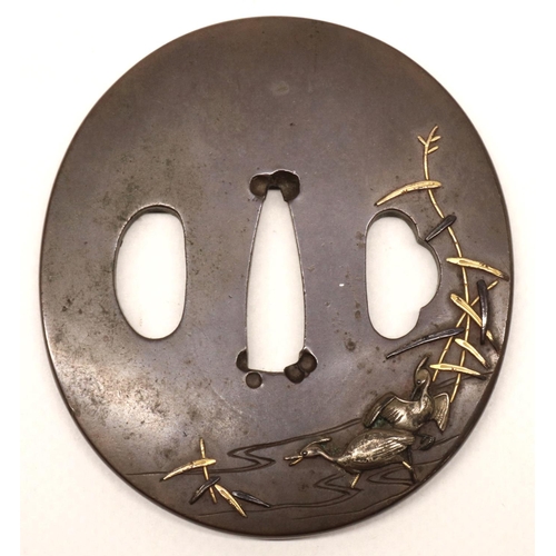 1212 - Japanese Shakudo shibuichi tsuba, 18th century Edo period, (possibly Yanagawa school) to fit wakizas... 