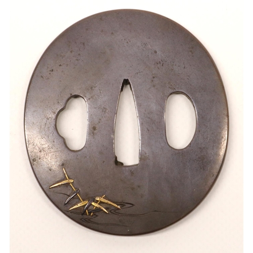 1212 - Japanese Shakudo shibuichi tsuba, 18th century Edo period, (possibly Yanagawa school) to fit wakizas... 