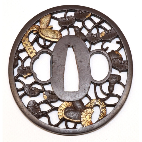 1204 - Japanese Sukashi signed Masaharu iron tsuba, 18th century Edo period to fit Katana, with gold (yello... 