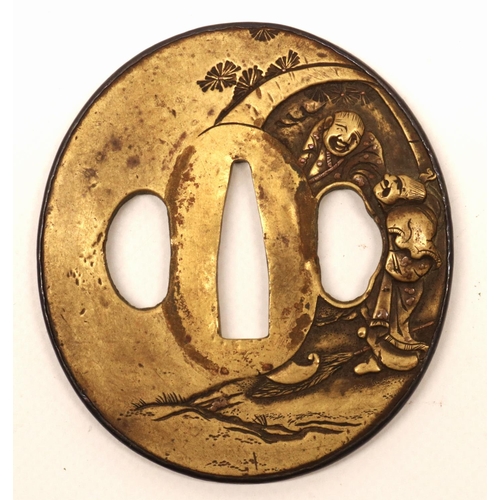 1213 - Japanese Nara style tsuba, early to mid 19th century to fit katana, with Kanzan and Jitioku in their... 