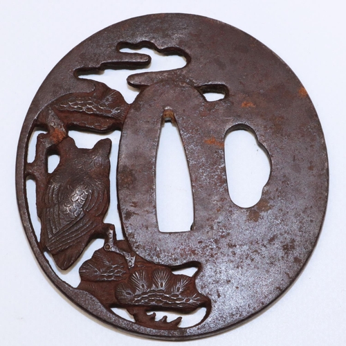 1203 - Japanese signed Kinia 19th century tsuba to fit katana, with owl in pine tree design, highlighted in... 