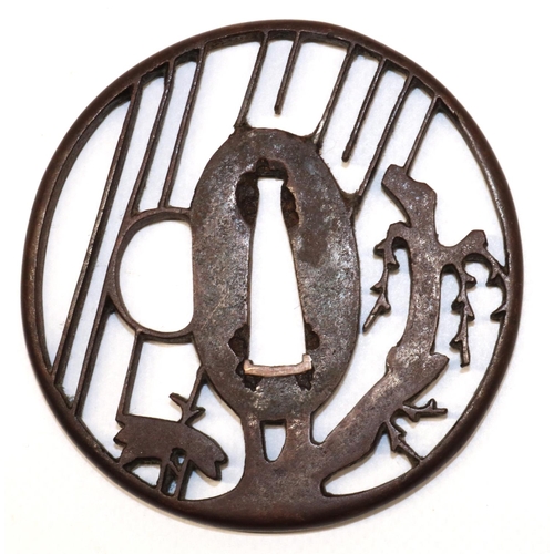 1226 - Japanese Sukashi early/mid 19th century tsuba with rain on wisteria design, to fit katana. (dia.6.5c... 