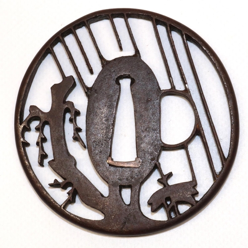 1226 - Japanese Sukashi early/mid 19th century tsuba with rain on wisteria design, to fit katana. (dia.6.5c... 