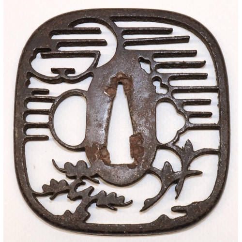 1225 - Japanese Sukashi tsuba, early to mid 19th century of square Kaku gata shape and Geese and pine tree ... 