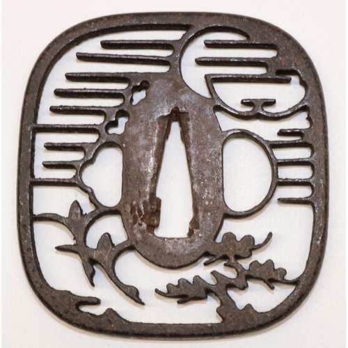 1225 - Japanese Sukashi tsuba, early to mid 19th century of square Kaku gata shape and Geese and pine tree ... 