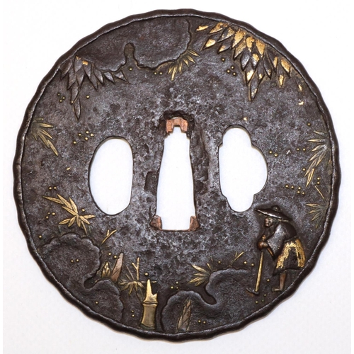 1193 - Japanese 17th century tsuba, possibly by Mumia to fit katana, with farmer and landscape design highl... 