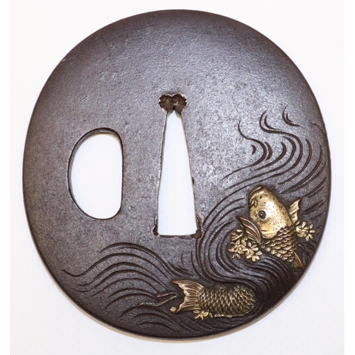 1205 - Japanese 17th century tsuba, possibly by Mumia, Iwamoto school, with leaping carp in gold and silver... 