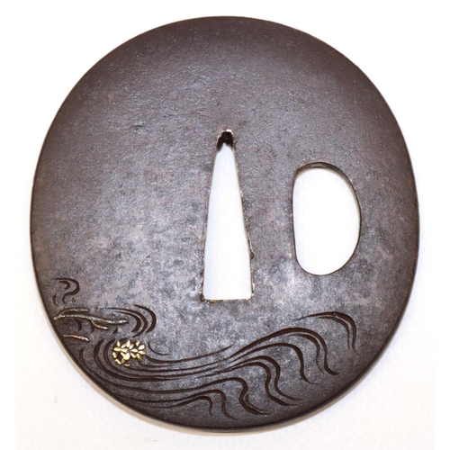 1205 - Japanese 17th century tsuba, possibly by Mumia, Iwamoto school, with leaping carp in gold and silver... 