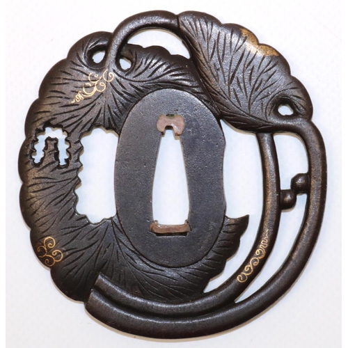 1191 - Japanese 17th century signed ` Bushu Noju Masakata' iron tsuba to fit wakazashi, with carved and pie... 