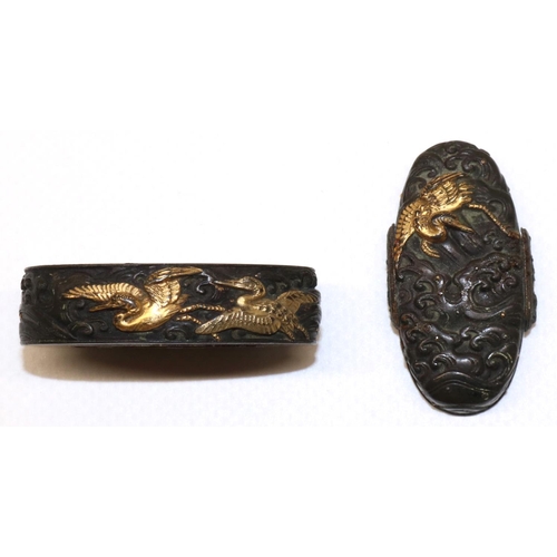 1214 - Japanese 19th century Fuchi Kashira, Mumia, Omori school style with cranes in gold and silver on bac... 