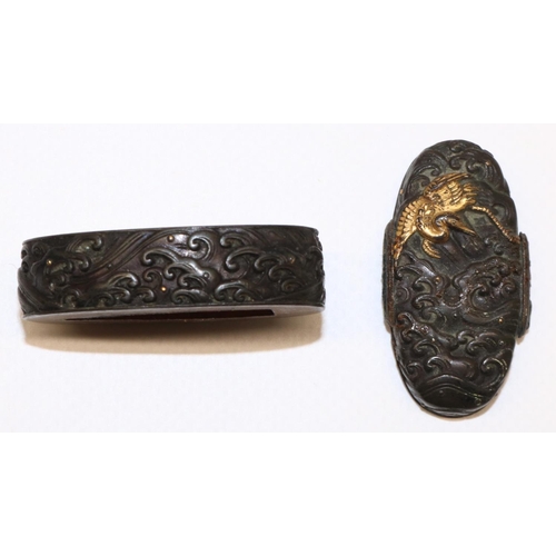 1214 - Japanese 19th century Fuchi Kashira, Mumia, Omori school style with cranes in gold and silver on bac... 