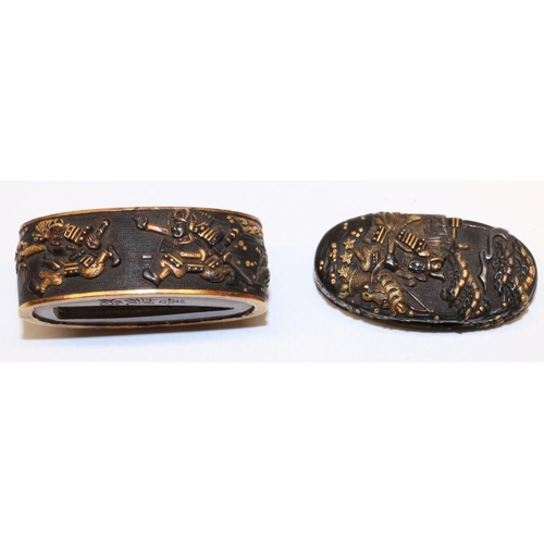 1197 - Japanese signed `Yoshichika' 18th century Fuchi Kashira, to fit katana with Fuchi Samuria on horseba... 