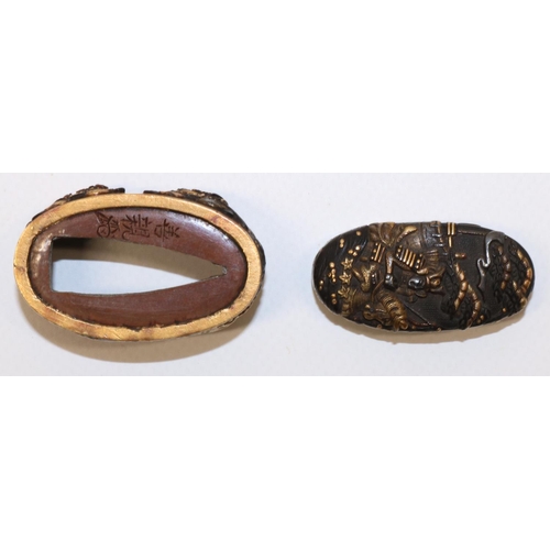 1197 - Japanese signed `Yoshichika' 18th century Fuchi Kashira, to fit katana with Fuchi Samuria on horseba... 