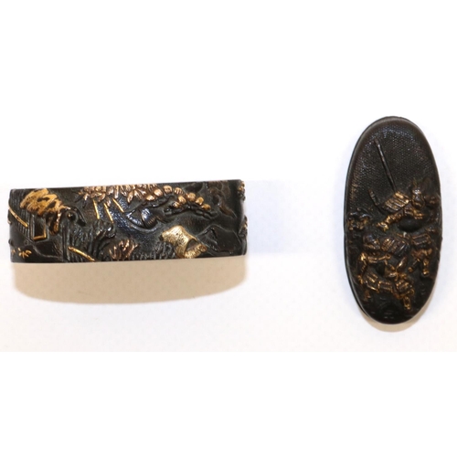 1217 - Japanese 18th century signed `Soheishi Nyudo Soten' Fuchi Kashira to fit katana, with farming villag... 