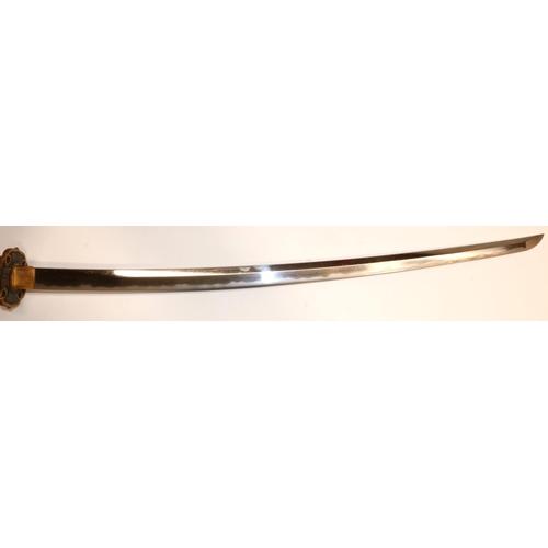 1181 - Japanese signed Fujiwara Masakiyo Tachi (sword) 68.2cm blade, gold lacquer saya with biddings and ha... 