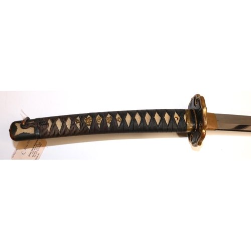 1181 - Japanese signed Fujiwara Masakiyo Tachi (sword) 68.2cm blade, gold lacquer saya with biddings and ha... 