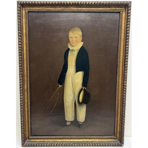 1349 - English Naive School (C19th); Portrait of a boy Coachman possibly Charles Buttery, full length with ... 