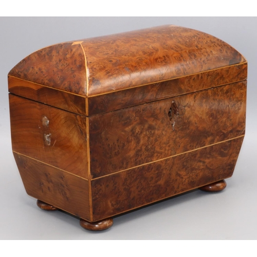 1135 - C19th boxwood strung yew sarcophagus shaped tea caddy, with two lidded compartments on turned bun fe... 