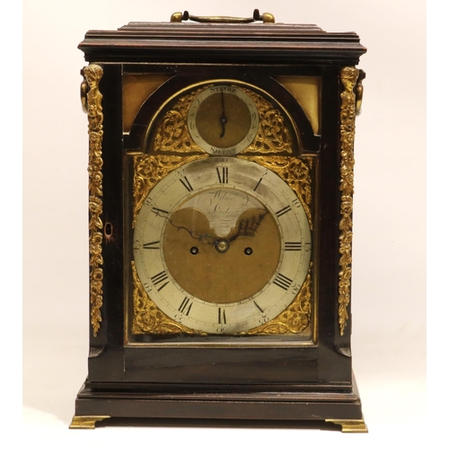 1245 - John Wilmer London -  C18th fruitwood bracket clock, moulded case with twin carrying handles over ci... 