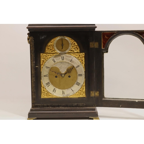 1245 - John Wilmer London -  C18th fruitwood bracket clock, moulded case with twin carrying handles over ci... 