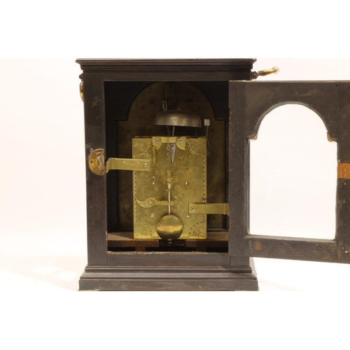 1245 - John Wilmer London -  C18th fruitwood bracket clock, moulded case with twin carrying handles over ci... 