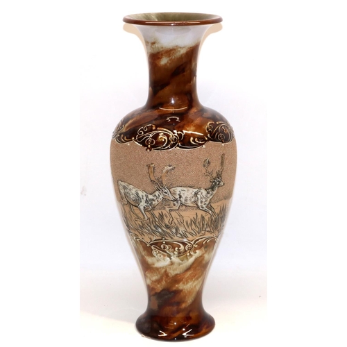 1107 - Doulton Lambeth baluster vase, sgraffito decorated by Hannah Barlow with a central band of deer in s... 