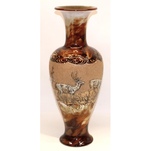 1107 - Doulton Lambeth baluster vase, sgraffito decorated by Hannah Barlow with a central band of deer in s... 