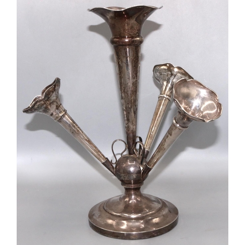 1082 - George V hallmarked silver epergne, central trumpet shaped flute with three similar waived edge smal... 