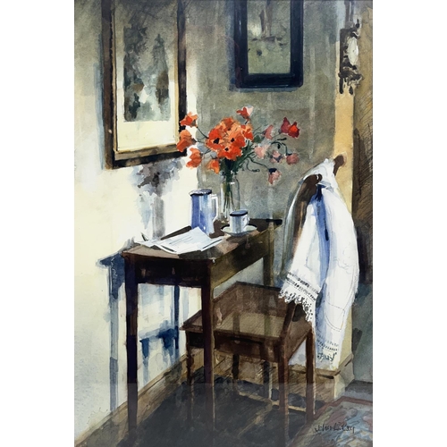 1384 - John Lidzey (British 1935-2009); Cottage interior, with table and chair, watercolour, signed, 47cm x... 