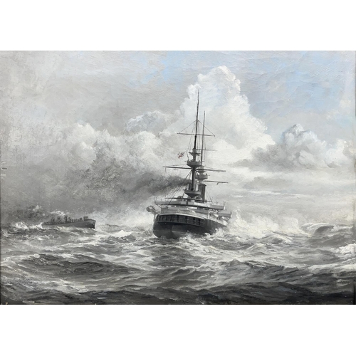 1369 - English School (C20th); Ships Portrait of a British Pre-Dreadnought battleship, in a heavy swell, en... 