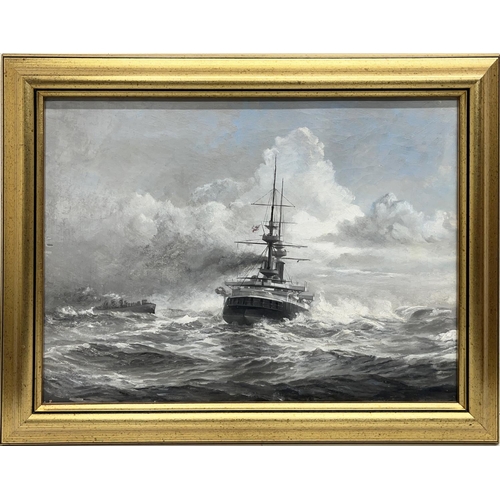 1369 - English School (C20th); Ships Portrait of a British Pre-Dreadnought battleship, in a heavy swell, en... 