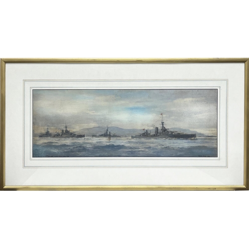 1368 - Frank Wood (1904-1985); 'HMS Orion and 3rd Division Grand Fleet 1914-18' watercolour, signed and dat... 