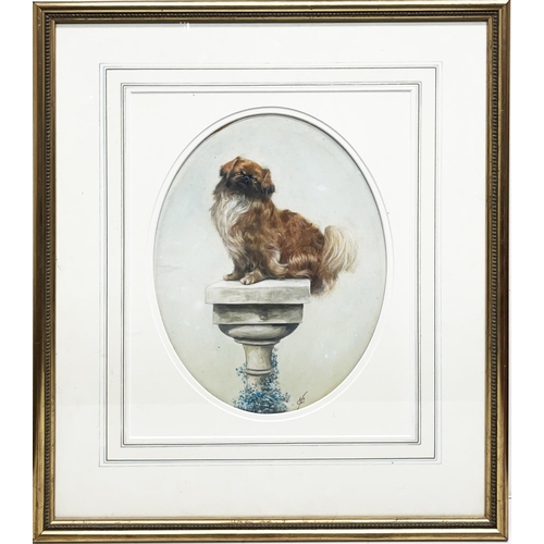 1360 - Nina Colemore MBE (British 1889-1973);  Pekinese seated on a marble pedestal, oil on oval ceramic pa... 