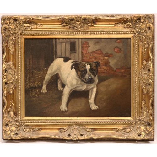 1372 - J. Milner (British early C20th); Terrier in a kennel yard, oil on canvas, signed, 29cm x 39cm