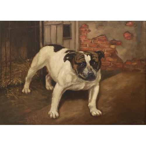 1372 - J. Milner (British early C20th); Terrier in a kennel yard, oil on canvas, signed, 29cm x 39cm