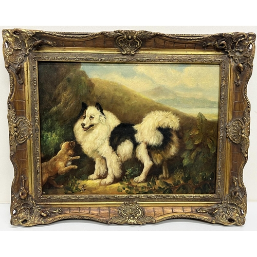 1380 - English School (Contemporary); Two dogs in a landscape, oil on board, signed with initials G.J, 29cm... 