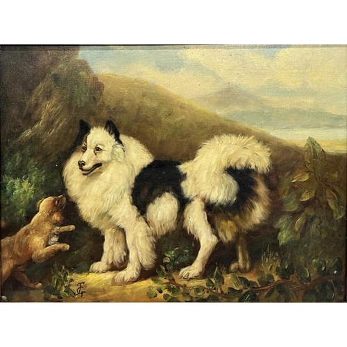 1380 - English School (Contemporary); Two dogs in a landscape, oil on board, signed with initials G.J, 29cm... 