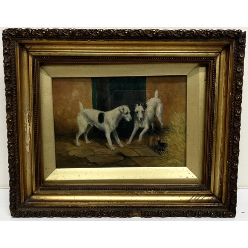 1377 - English School (C20th); Two wire haired Terriers with a caged rat in a yard, oil on canvas board, 17... 