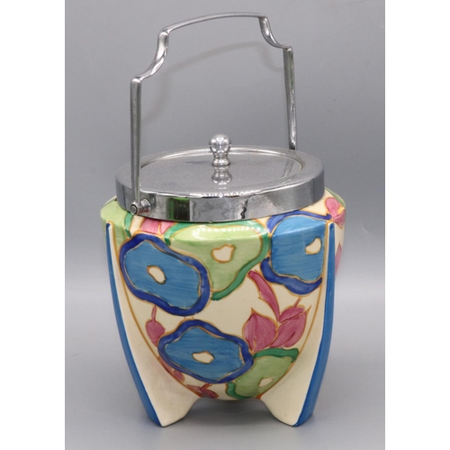 1109 - Clarice Cliff Bizarre Blue Chintz pattern biscuit barrel, hand painted with blue, pink and green flo... 