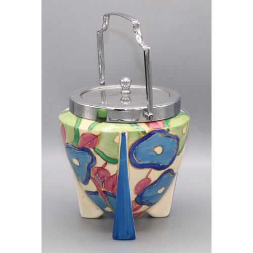 1109 - Clarice Cliff Bizarre Blue Chintz pattern biscuit barrel, hand painted with blue, pink and green flo... 