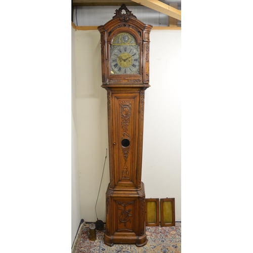 1261 - 19th century French provincial oak longcase clock, 17in arched brass dial with silvered Roman chapte... 