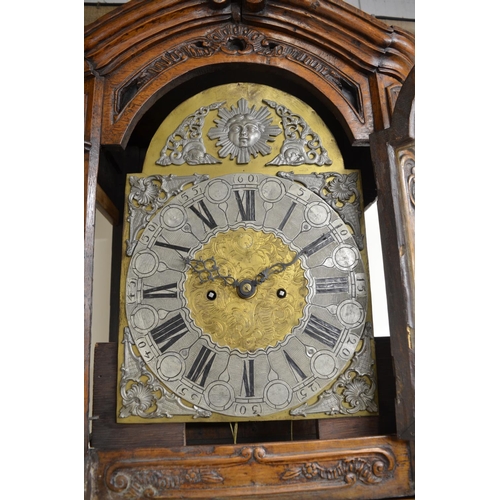 1261 - 19th century French provincial oak longcase clock, 17in arched brass dial with silvered Roman chapte... 