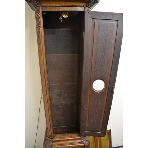 1261 - 19th century French provincial oak longcase clock, 17in arched brass dial with silvered Roman chapte... 