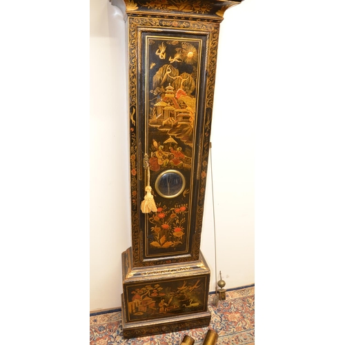 1248 - Jos. Boult London - black lacquered chinoiserie longcase clock, signed 12 1/4in square brass dial wi... 