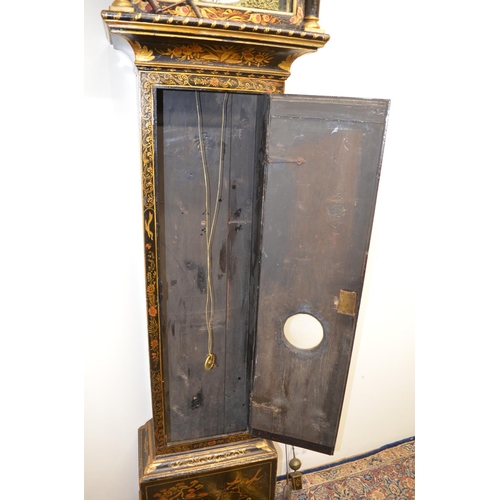 1248 - Jos. Boult London - black lacquered chinoiserie longcase clock, signed 12 1/4in square brass dial wi... 