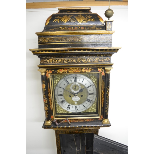 1248 - Jos. Boult London - black lacquered chinoiserie longcase clock, signed 12 1/4in square brass dial wi... 